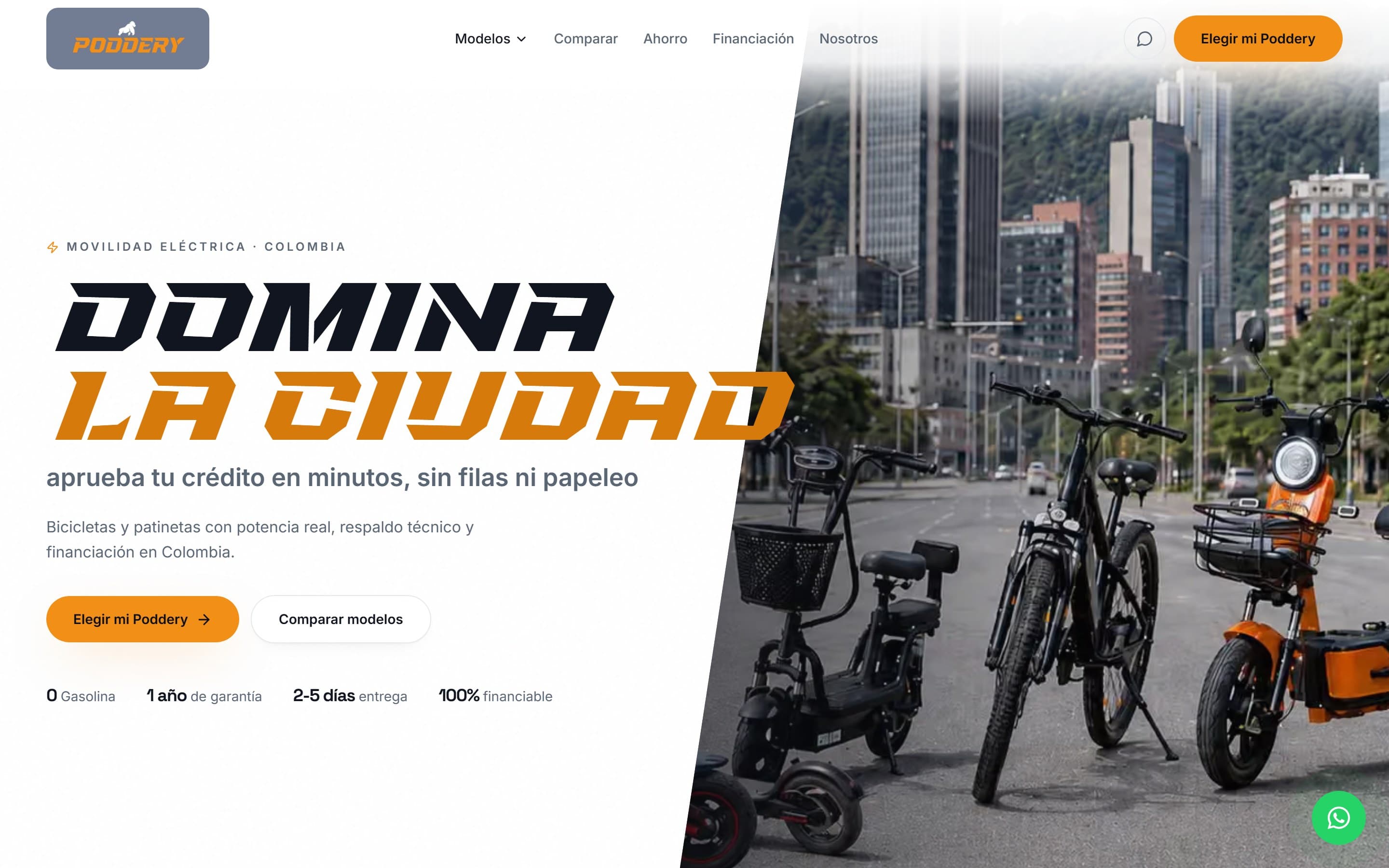 La página de Poddery: bicicletas y patinetas eléctricas