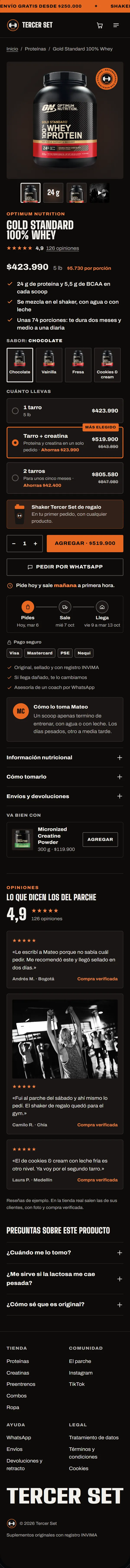 Página de producto de la proteína Gold Standard en la tienda de ejemplo Tercer Set: foto, precio de $423.990, sabores, paquetes con el ahorro, botón de agregar, opiniones y preguntas frecuentes
