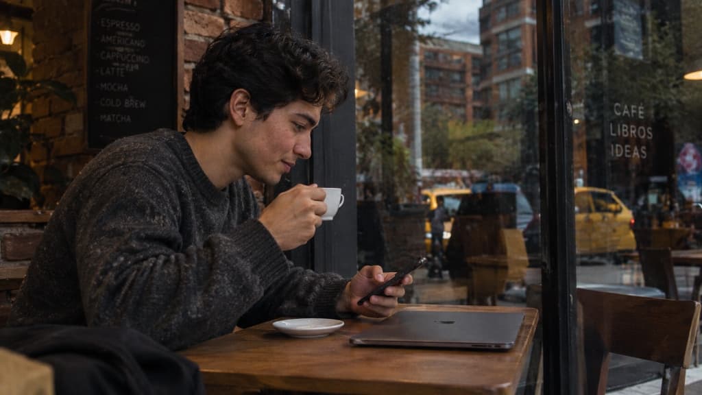 Persona revisando una página web en su celular en un café