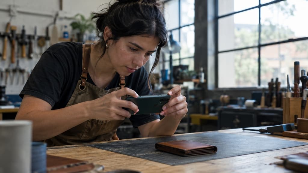 Persona en un taller de marroquinería fotografiando una billetera de cuero con el celular junto a una ventana