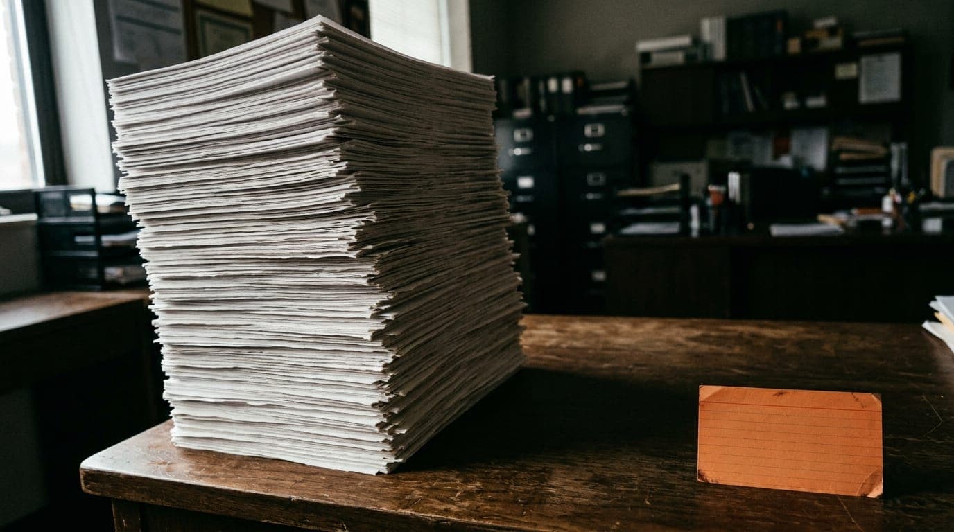 Una pila alta de hojas de papel junto a una sola tarjeta naranja sobre un escritorio