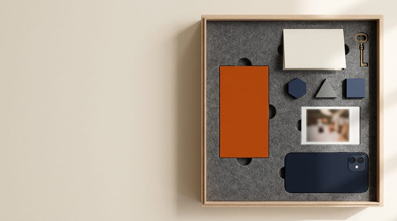 Caja abierta con piezas ordenadas, cada una en su lugar, una de ellas naranja