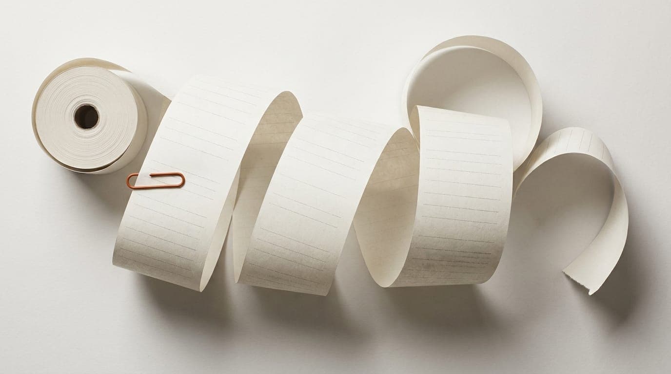 Un rollo de papel de recibo desenrollado en una tira larga con un clip naranja al comienzo