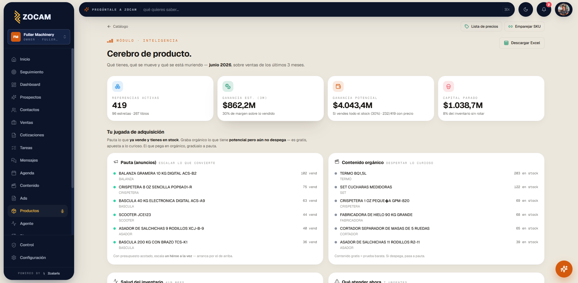 Inteligencia de inventario en ZOCAM: referencias activas, ganancia estimada, capital parado y qué pautar