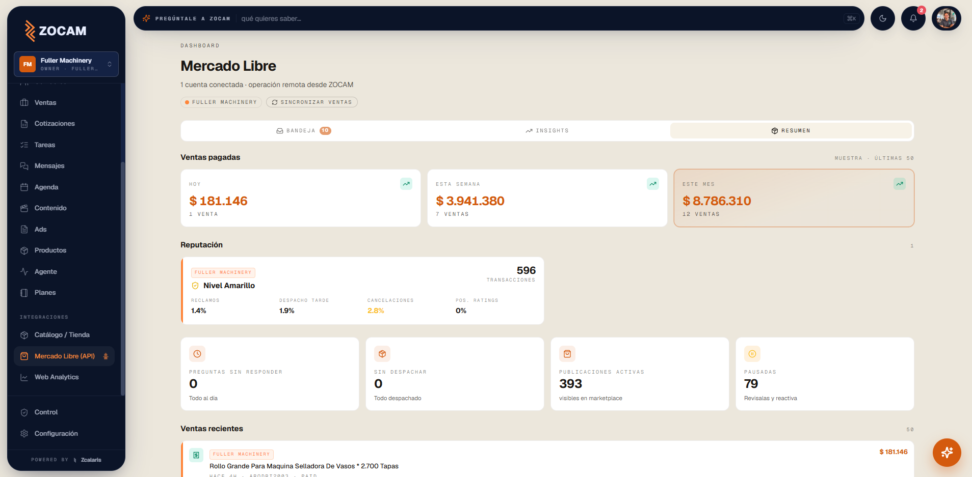 Panel de Mercado Libre dentro de ZOCAM: ventas pagadas, reputación y publicaciones activas